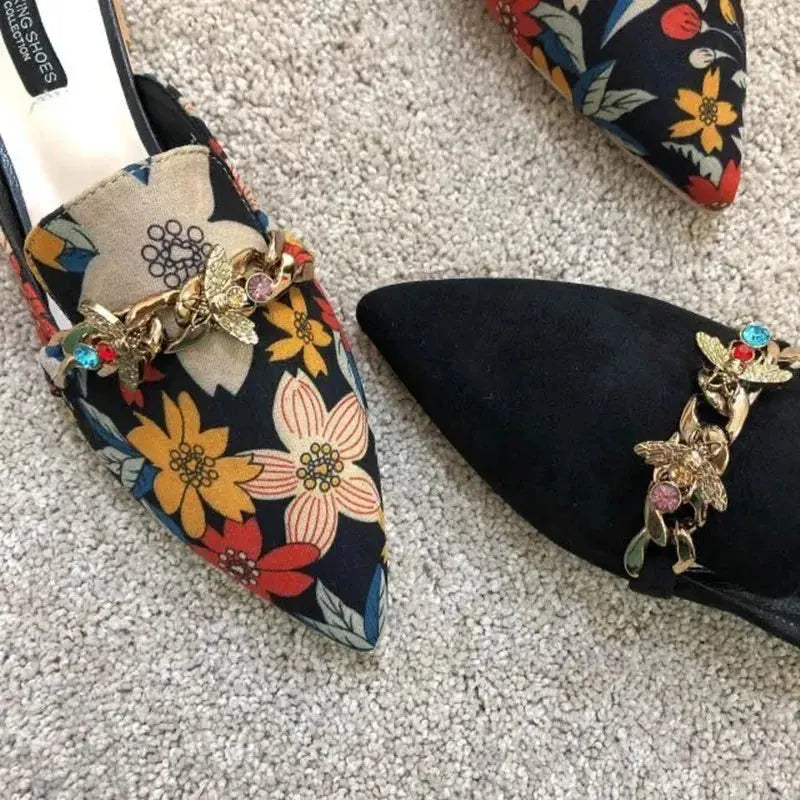 Side view of Floral Whisper Slippers featuring a flat square heel for all-day comfort.