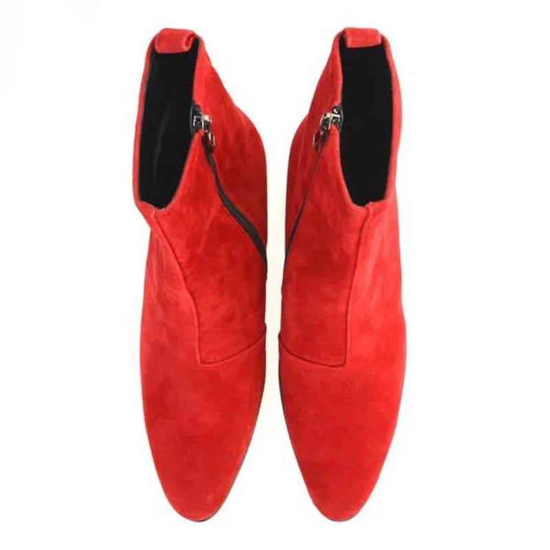 Vibrant crimson leather ankle boots with pointed toe and supportive rubber insole