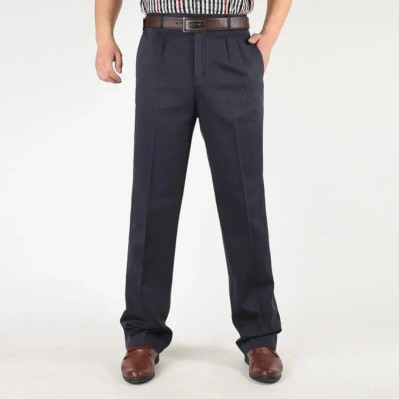 Wrinkle-resistant grey trousers made from premium cotton and elastane.