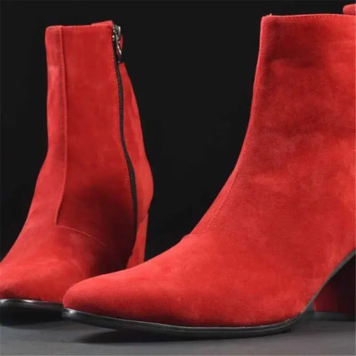 Handcrafted Italian red cow leather ankle boots featuring sharp pointed toe design
