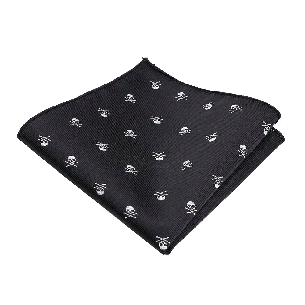Edgy skull design pocket square adding personality to classic tuxedo or business suit ensemble