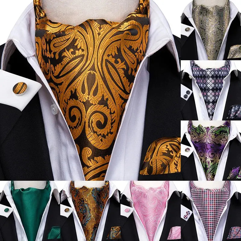 Golden Hour Ascot in rich paisley pattern, silk blend for luxurious feel.