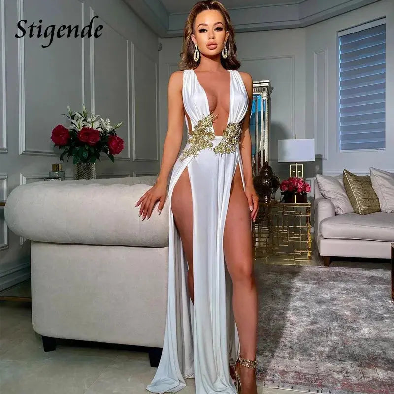 Model wearing the elegant evening dress, radiating confidence and charm.