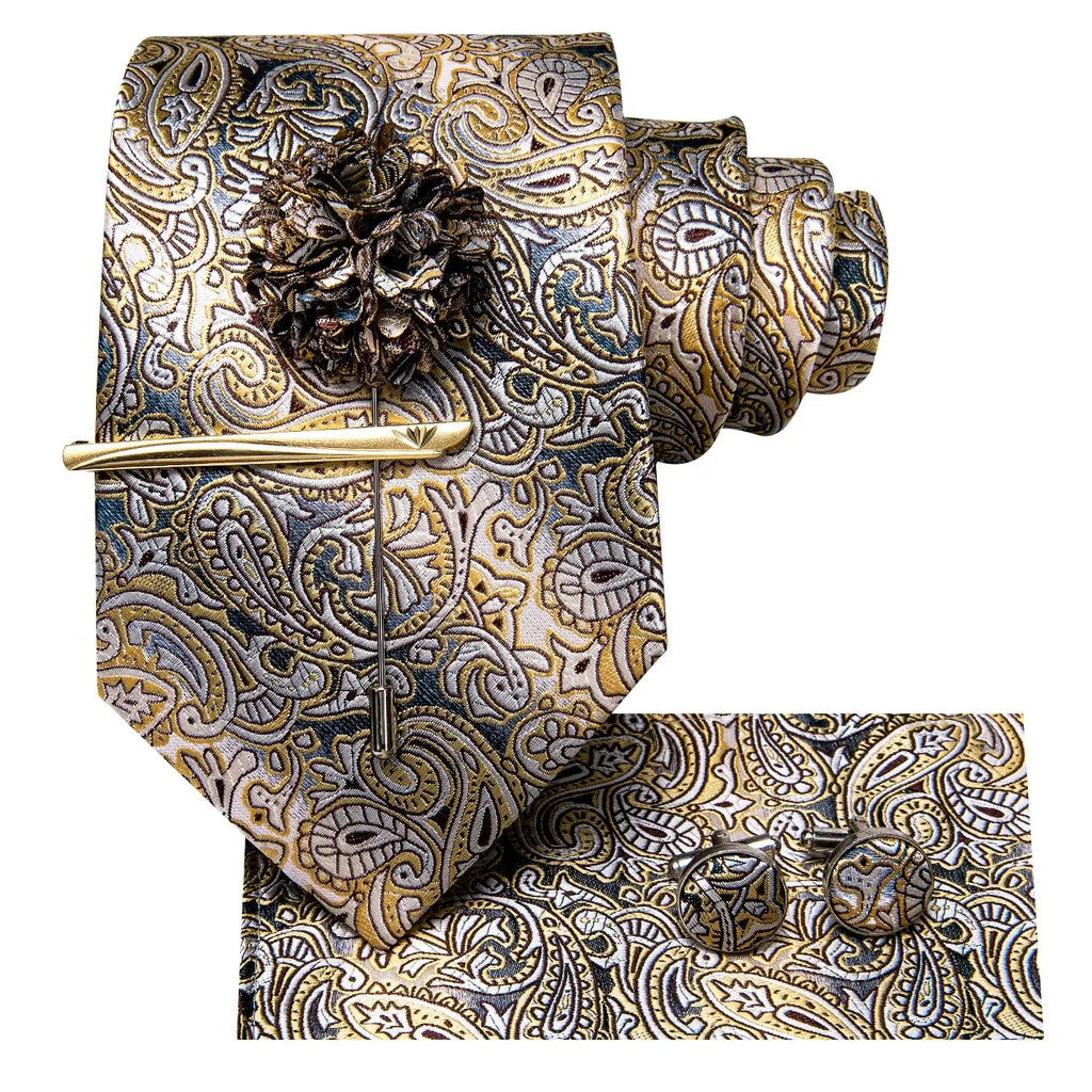 Close-up of the luxurious silk fabric of the paisley tie.