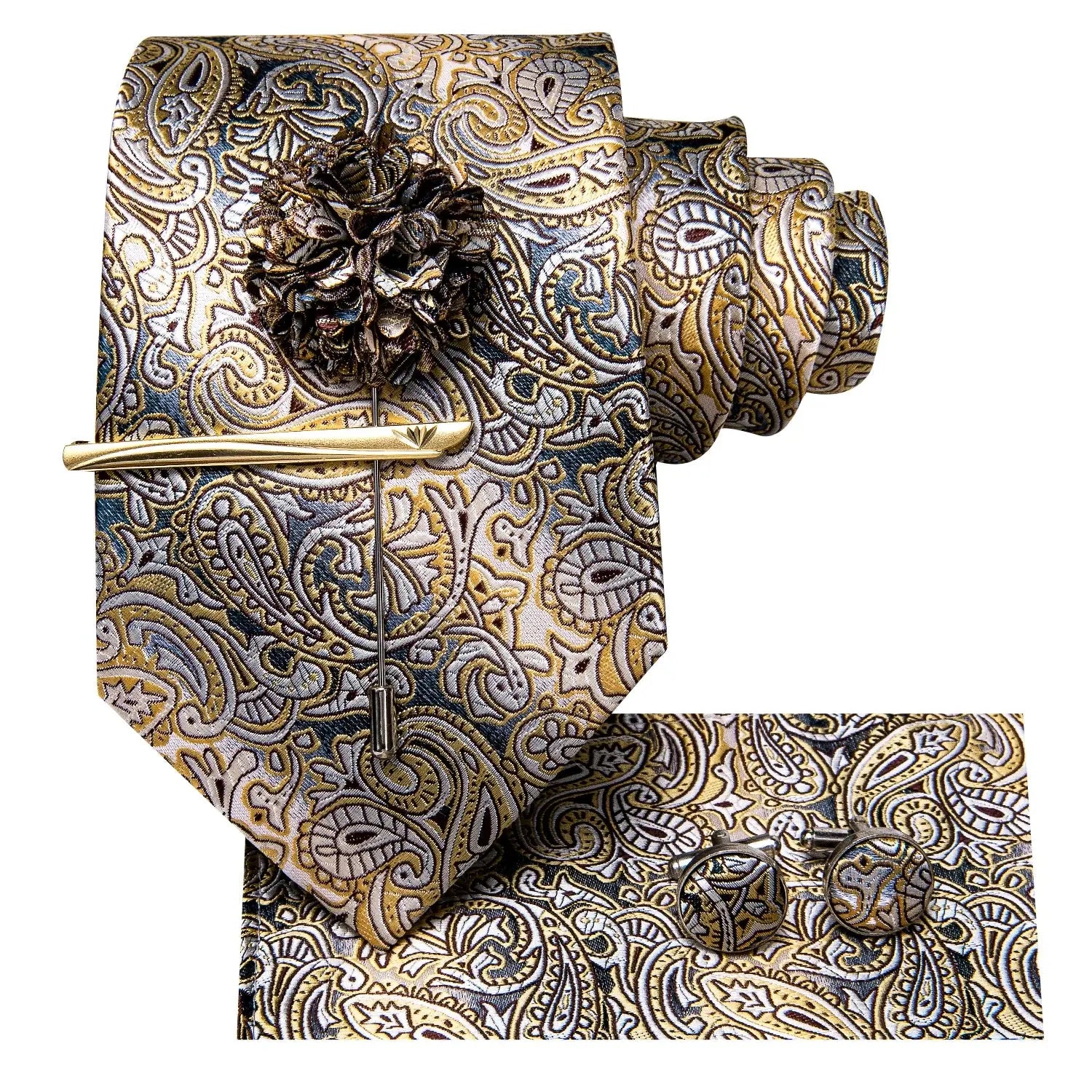 Close-up of the luxurious silk fabric of the paisley tie.