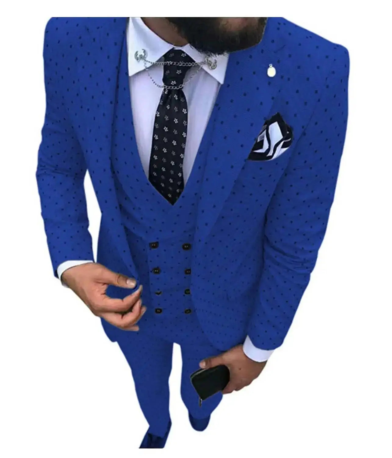 Elegant navy suit paired with a crisp white shirt for a polished look.