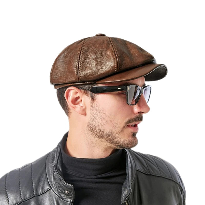Autumn Whisper leather cap in rich brown, crafted from genuine cowhide for durability and style.