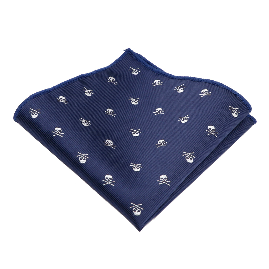 Gentleman's suit jacket with skull pocket square creating conversation-starting formal accessory