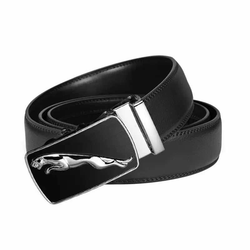 Black dress belt with a reliable and secure buckle.