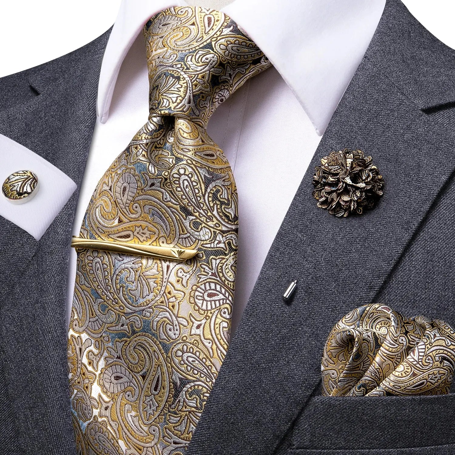 Silken paisley tie set in yellow and brown with intricate design.