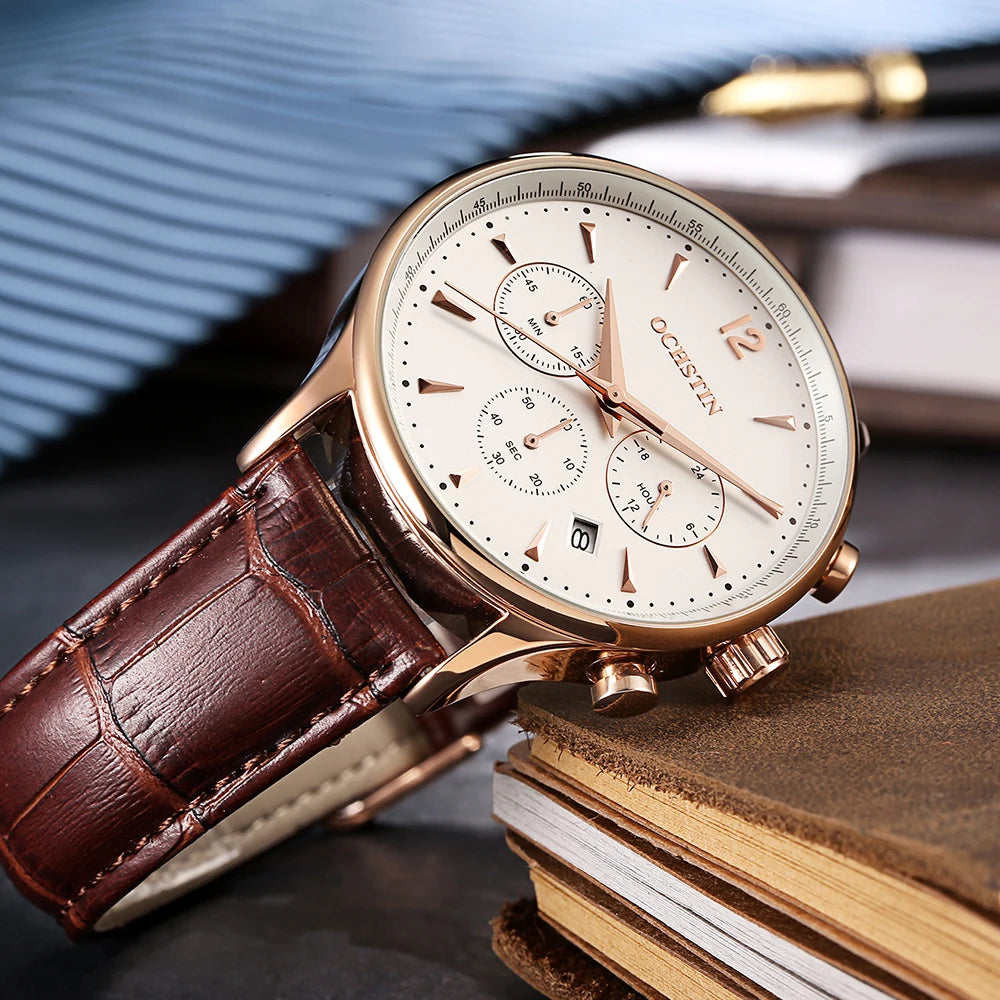 Close-up of OCHSTIN watch showcasing precision quartz movement.