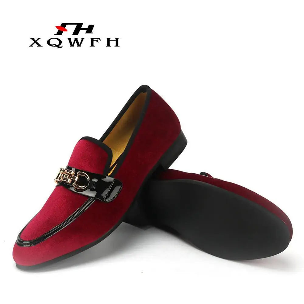 Red velvet loafers styled with elegant attire for gala events.