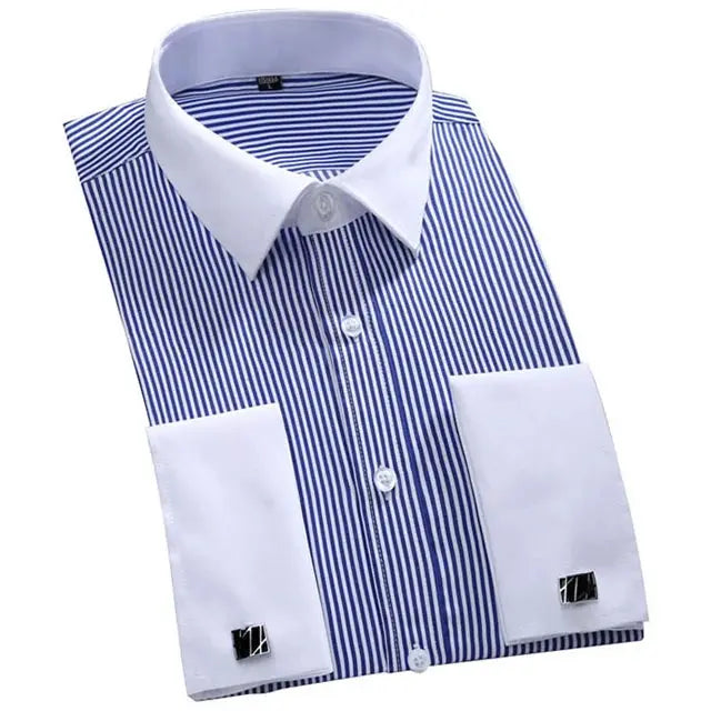 Flat lay of the striped dress shirt with cufflinks, perfect for business attire.