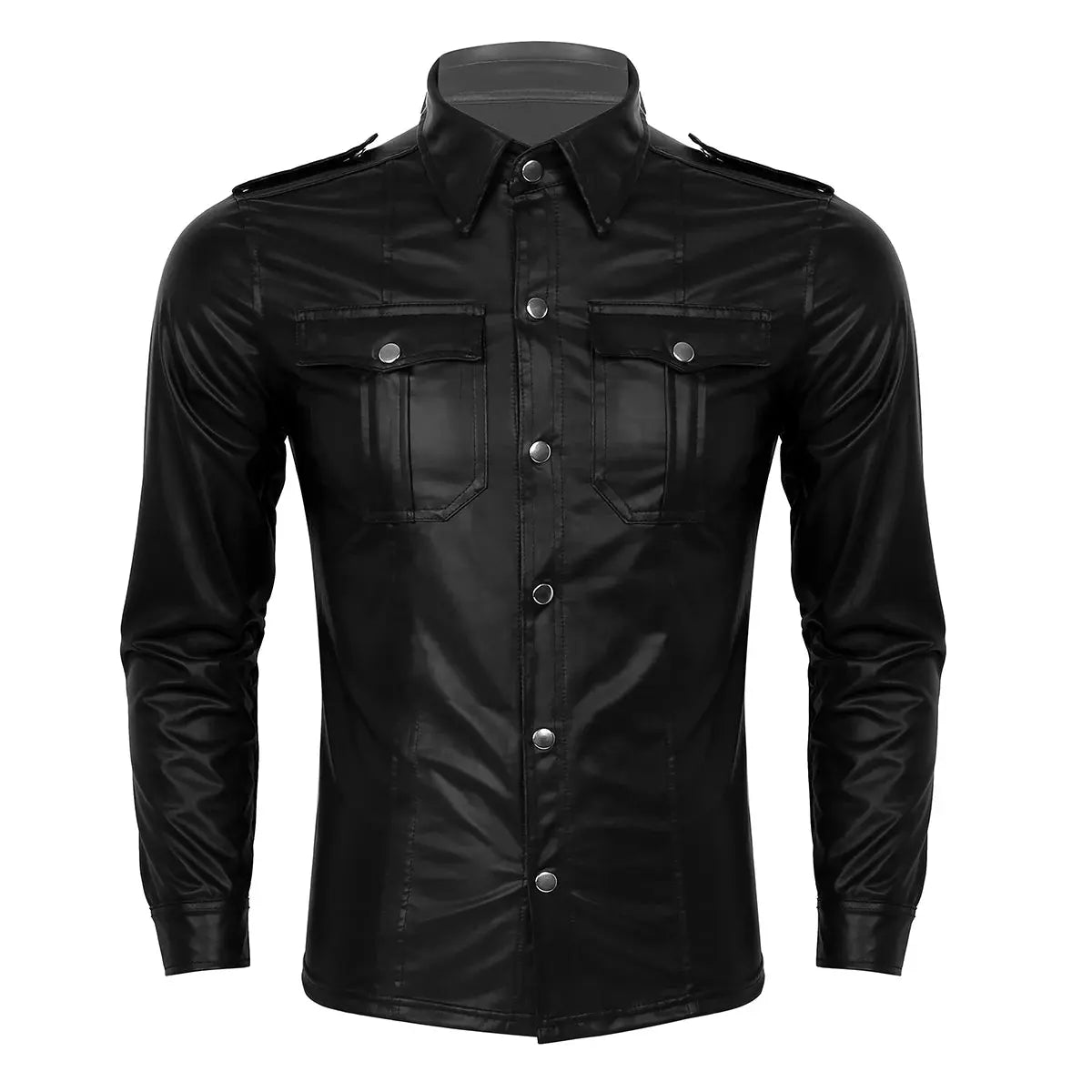Durable patent leather shirt with captivating metallic glow for confident men