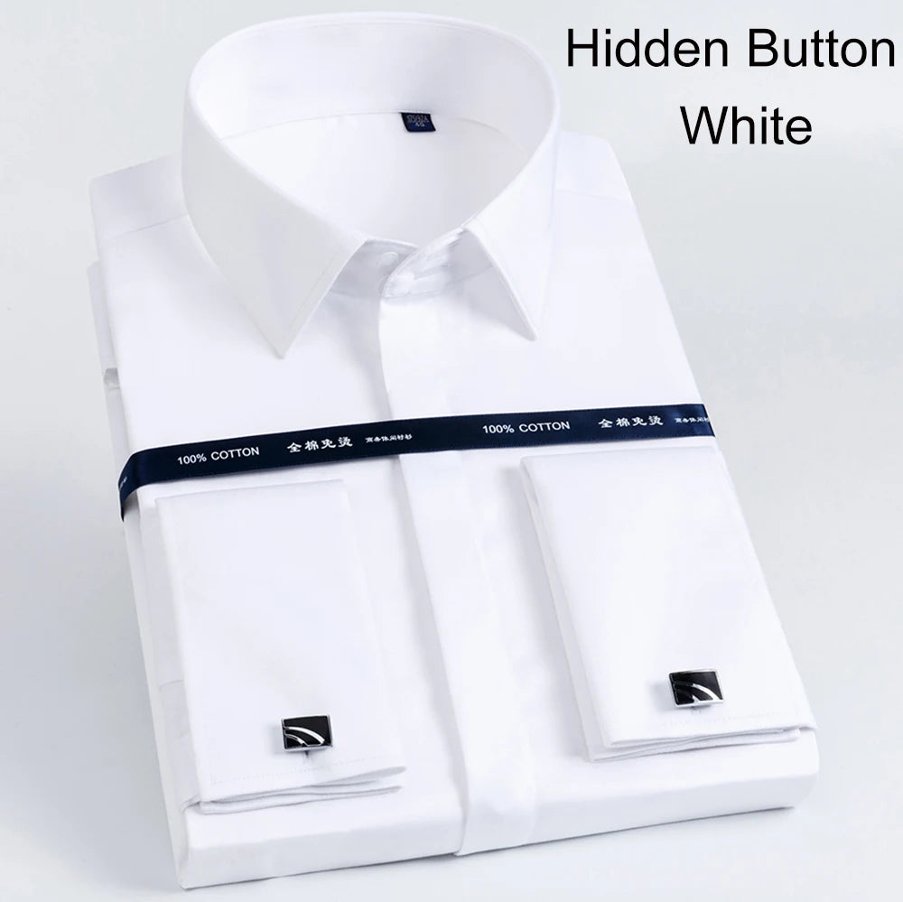 Close-up of French cuff detail on premium mercerized cotton dress shirt showing lustrous sheen