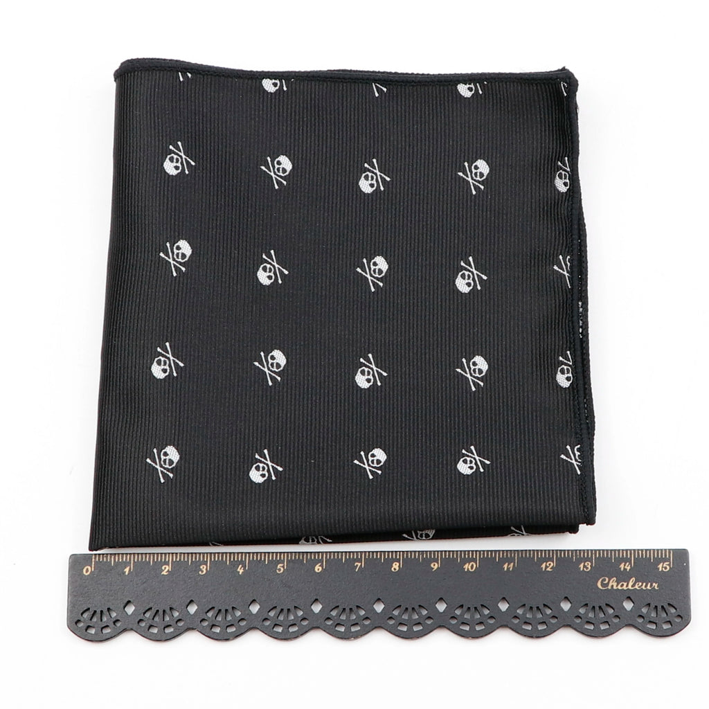 Black and white skull statement pocket square with intricate design for wedding and formal attire