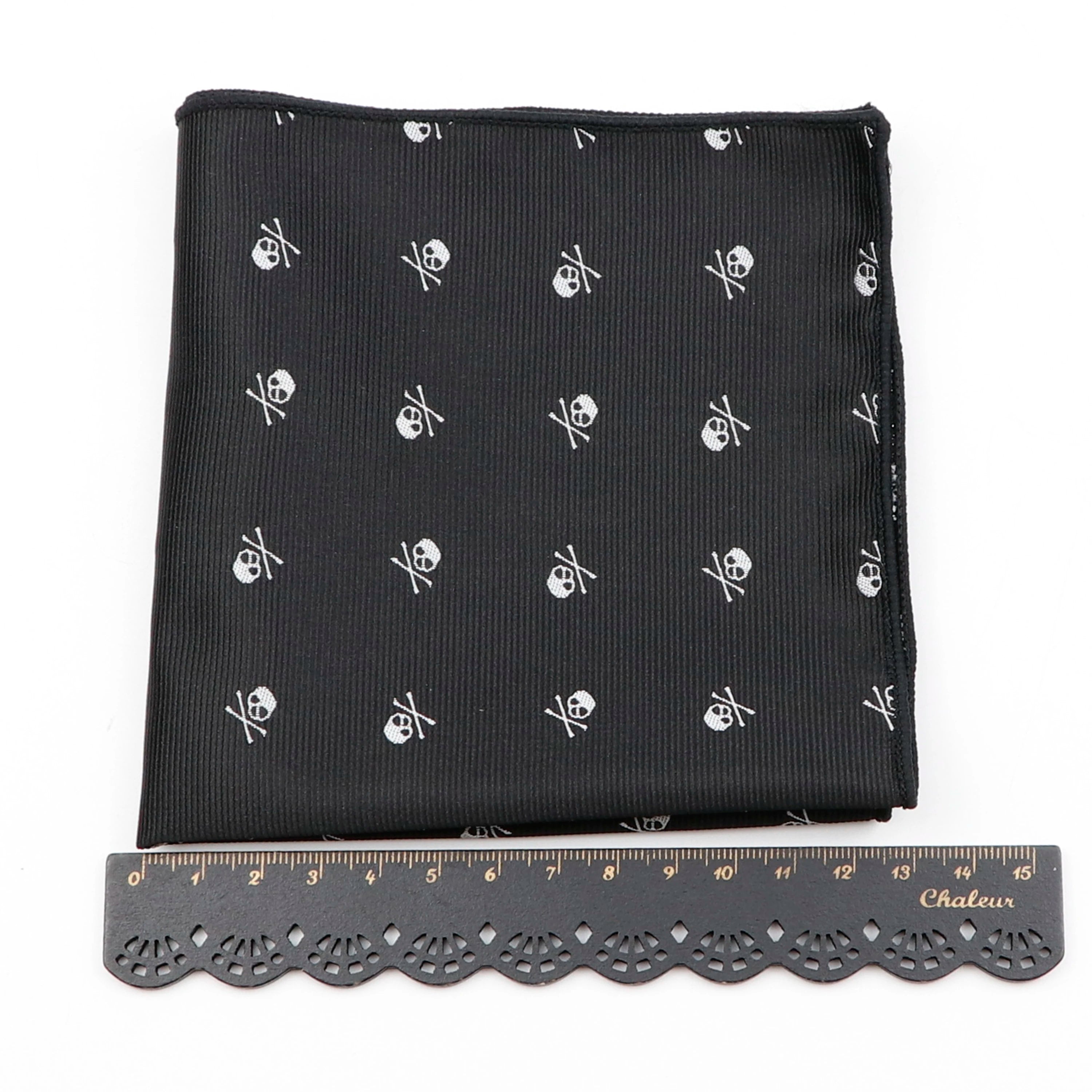 Black and white skull statement pocket square with intricate design for wedding and formal attire