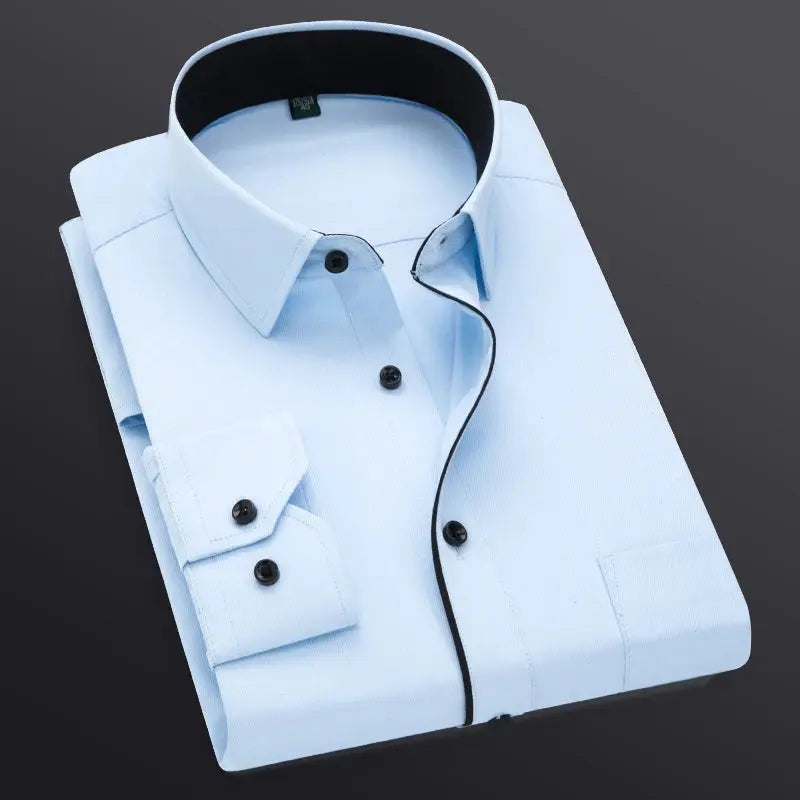 Close-up of the tailored confidence shirt's fabric, showcasing its wrinkle-resistant and breathable qualities.