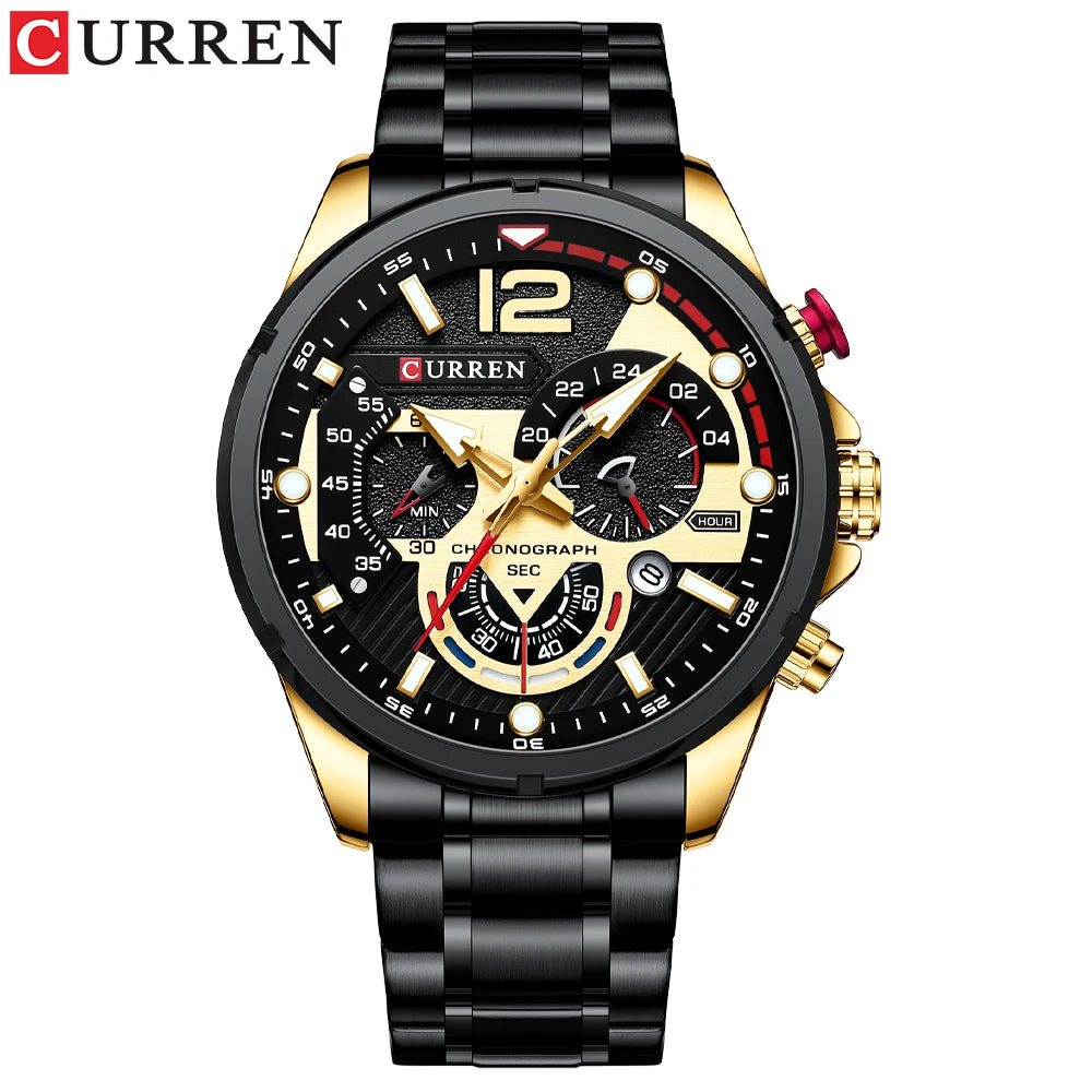 Water-resistant Curren watch displayed against a backdrop of business attire, perfect for professionals.