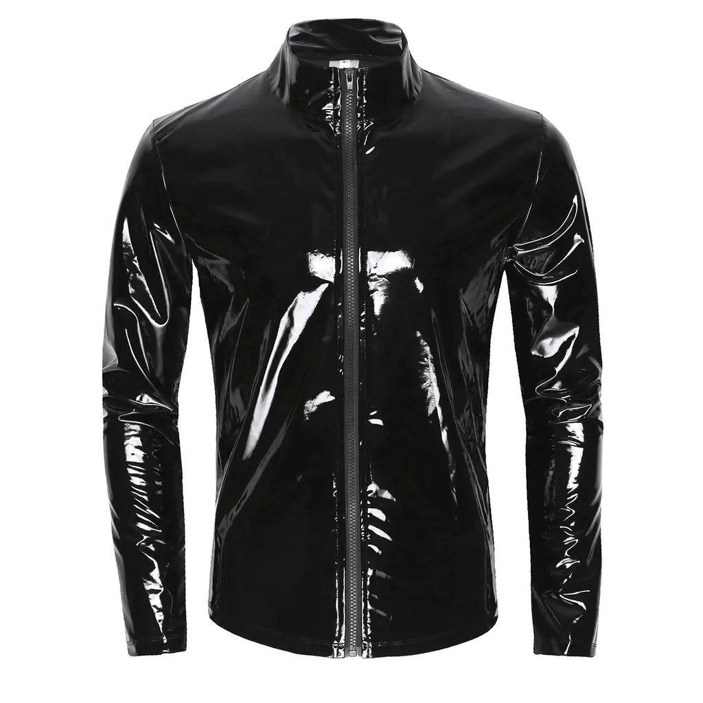 Statement metallic shirt in patent leather finish for sophisticated evening style