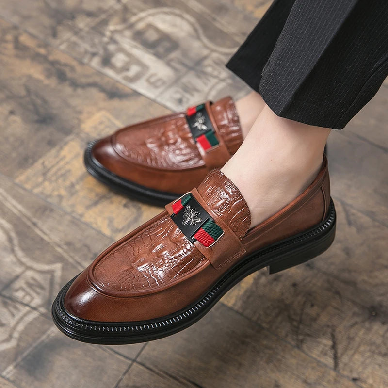 Navy crocodile leather loafers with slip-on design for professional business attire