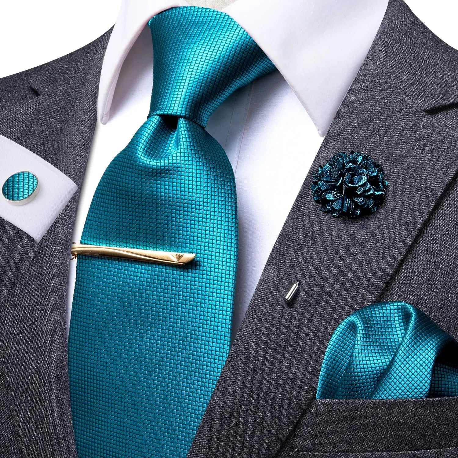 Close-up of the sheen on the silk tie catching the light.