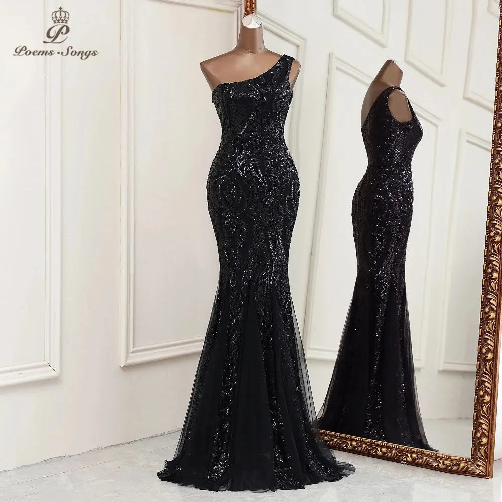Side view of the Captivate the Gala gown, displaying the shimmering sequins and graceful movement.