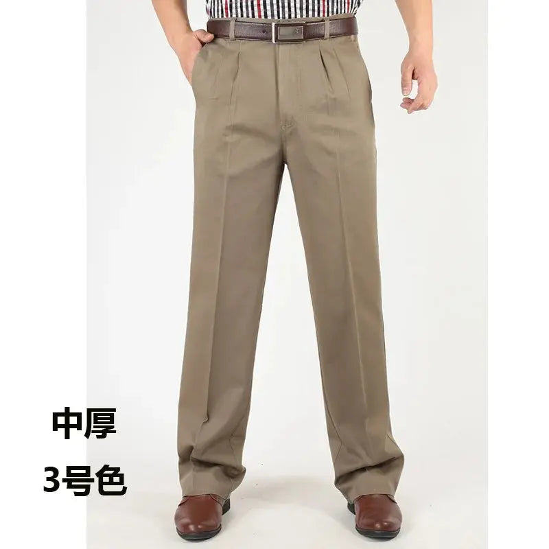 Smart casual men's wear: high-waist trousers in light beige.