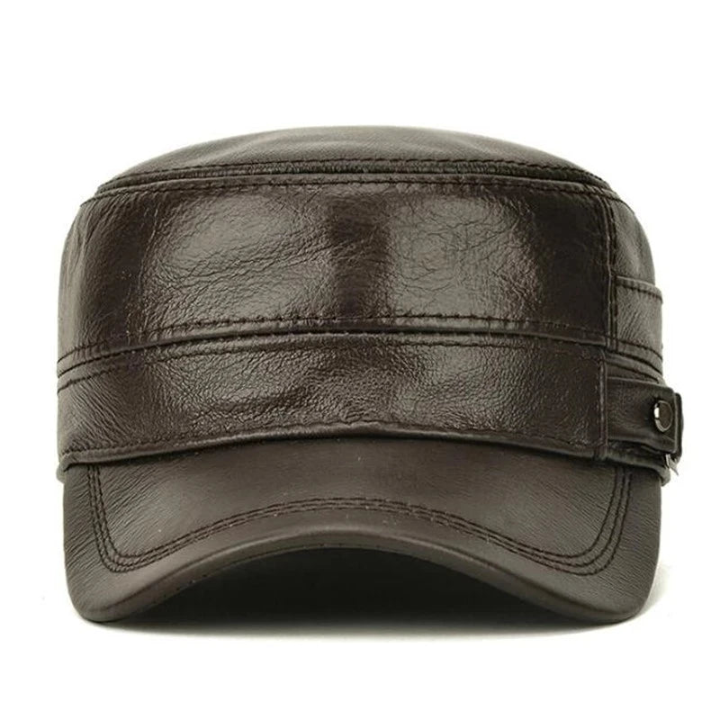 Close-up of the leather's texture on the Autumn Air cap, highlighting premium quality.