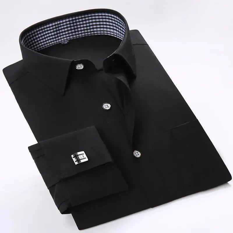 French cuffs of striped shirt paired with stylish cufflinks, enhancing classic sophistication.