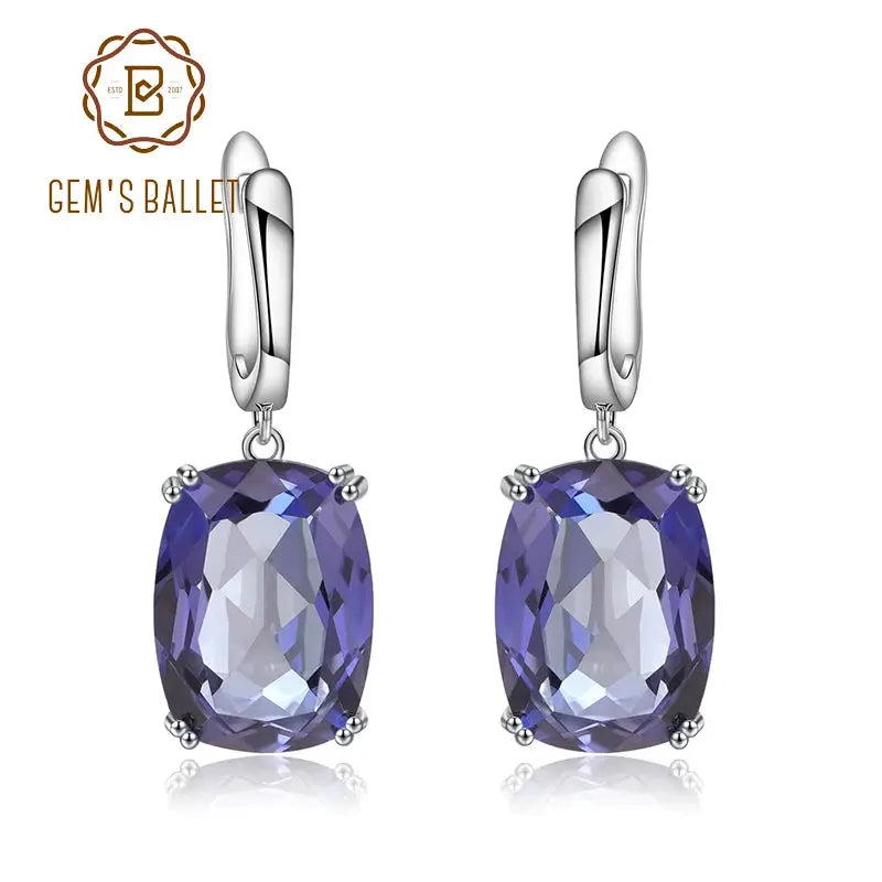 Elegant Iolite Blue Mystic Quartz drop earrings in 925 sterling silver setting.
