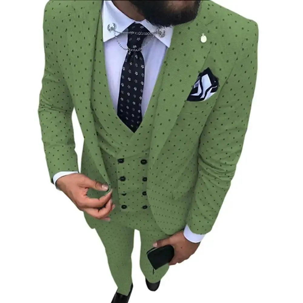 Suit laid flat, highlighting the tailored blazer, vest, and trousers.