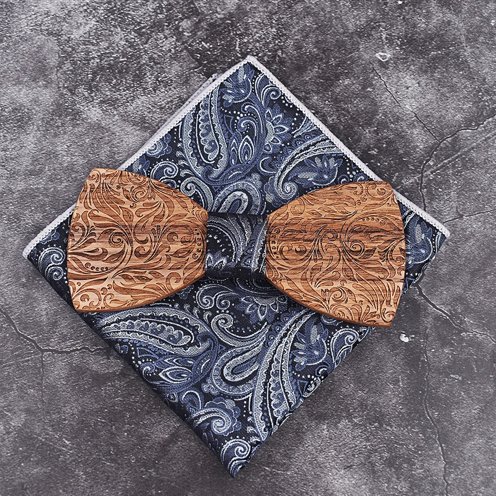 Stylish wooden bow tie displayed on a formal shirt for business attire.
