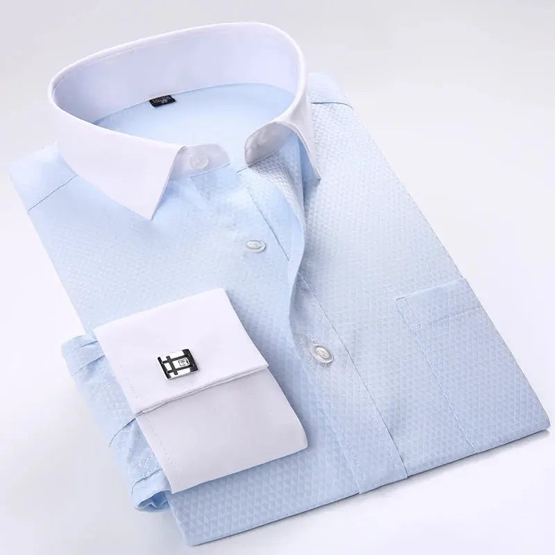 Sleek striped cufflink shirt in white and navy, crafted from breathable polyester and cotton blend.