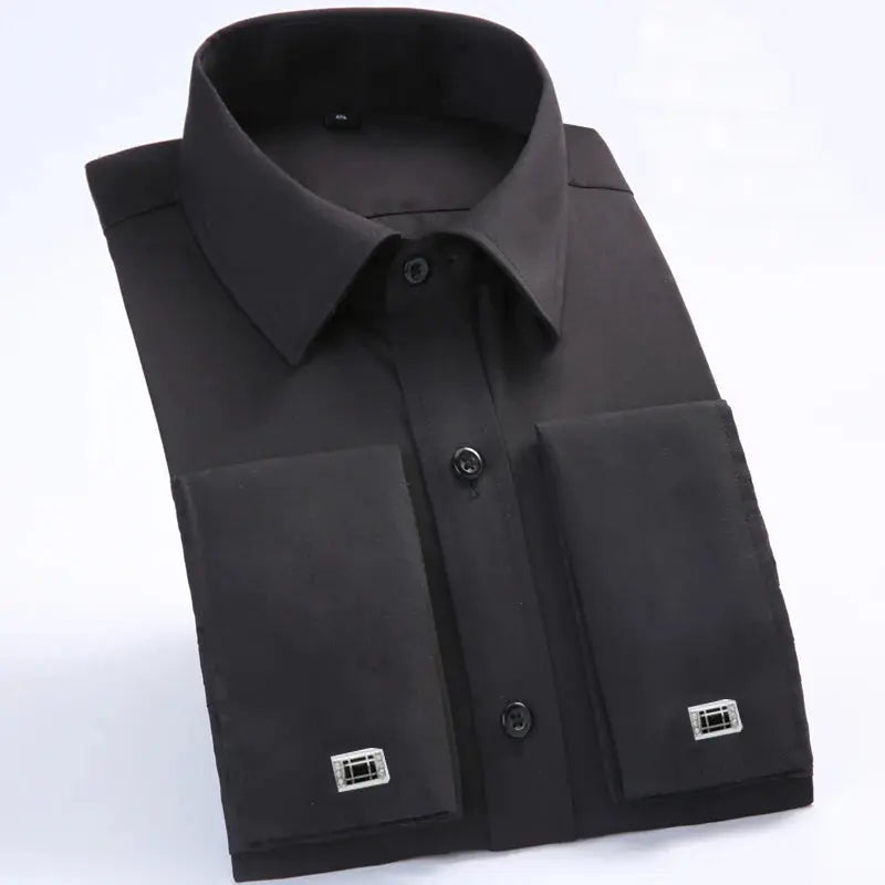Model wearing Timeless French-Cuff Shirt, exuding confidence in a business setting.