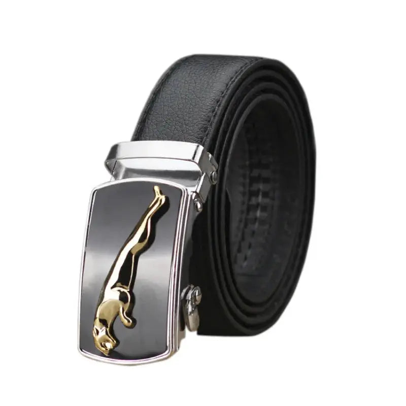 Close-up of automatic buckle on stylish black belt.