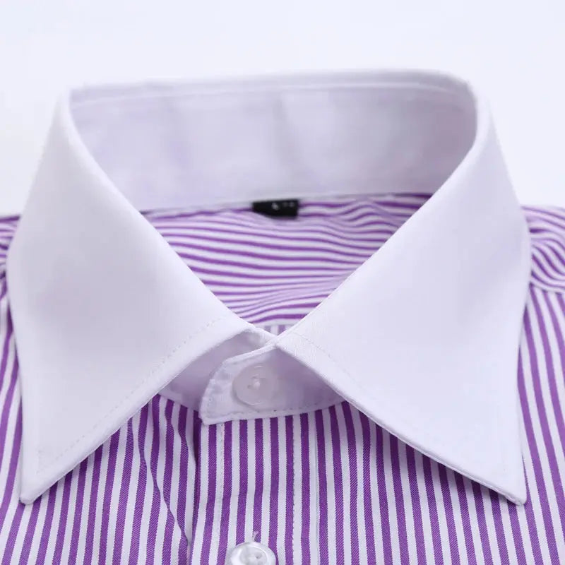 Wrinkle-resistant striped shirt displayed on hanger, ideal for maintaining elegance throughout the day.