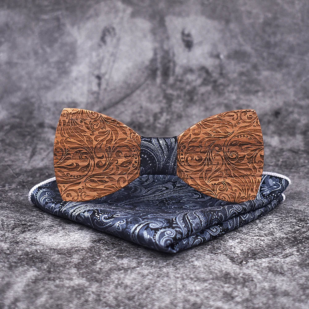 Close-up of the handcrafted wooden bow tie showcasing its intricate design.