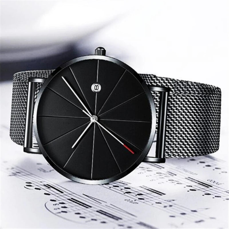 Sleek stainless steel men's watch with 8mm slim profile and contemporary black dial design