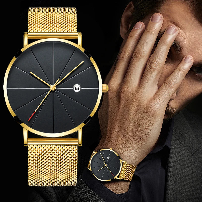 Ultra-thin black quartz watch with minimalist numberless dial and date display on white background