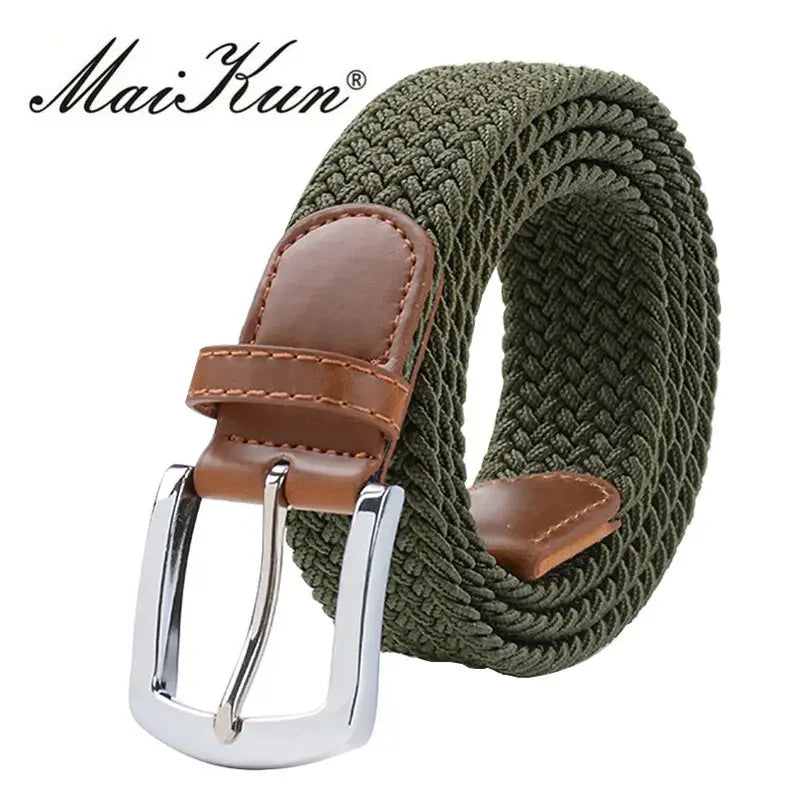 Durable black PU leather belt with elastic canvas for comfort and style flexibility.