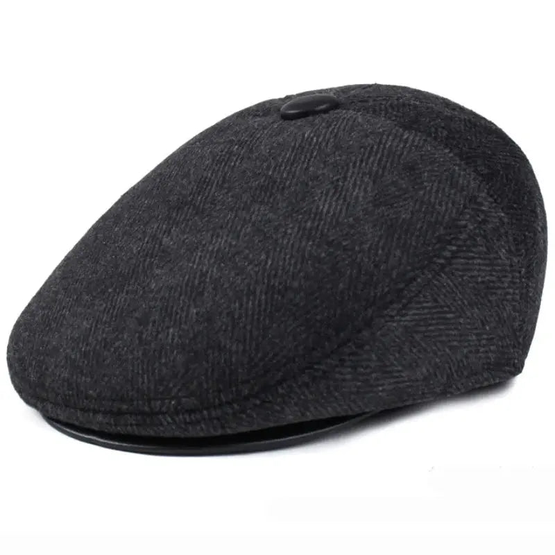 Chic black beret with earflaps, perfect for cold weather and urban style.