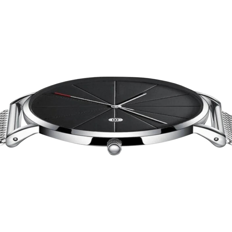 Elegant men's dress watch with numberless face and polished stainless steel finish