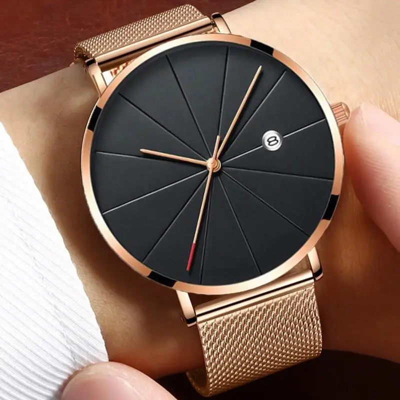 Black dial quartz timepiece with refined stainless steel case and ultra-thin profile