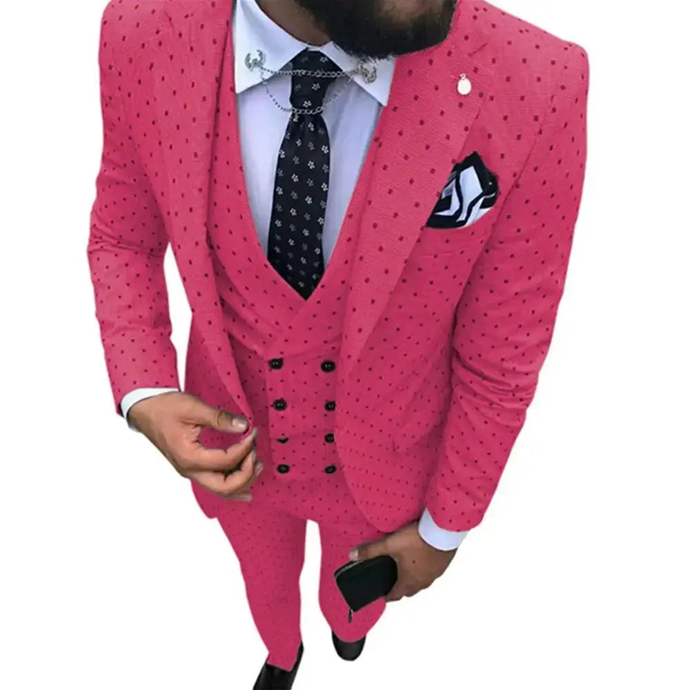 Navy blue three-piece suit displayed on a mannequin, showcasing versatility.