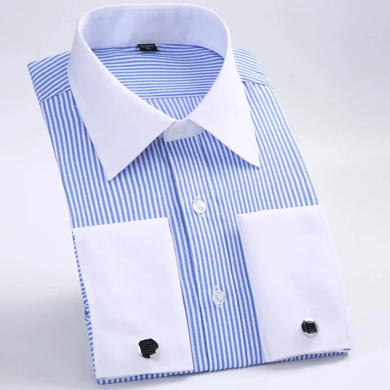 Timeless French-Cuff Shirt in classic stripes, crafted from soft cotton-polyester blend.