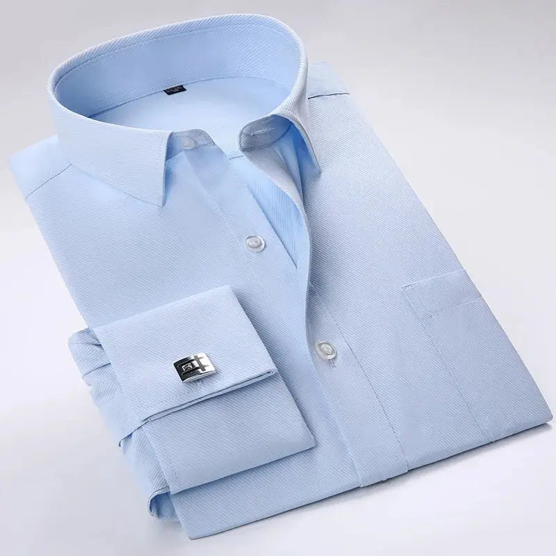 Striped dress shirt in dark colors, ideal for making an impression in high-stakes negotiations.