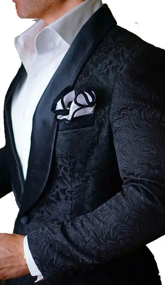Close-up of the tuxedo's buttons and lapel detail.