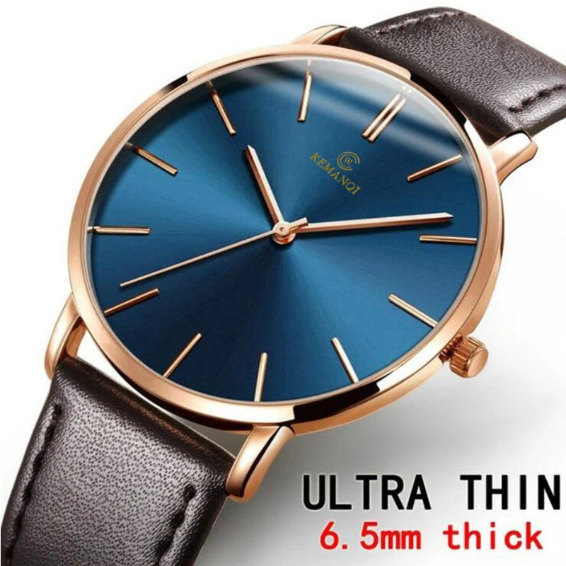 Whisper-Thin Elegance Watch displayed with a rich brown leather strap option.