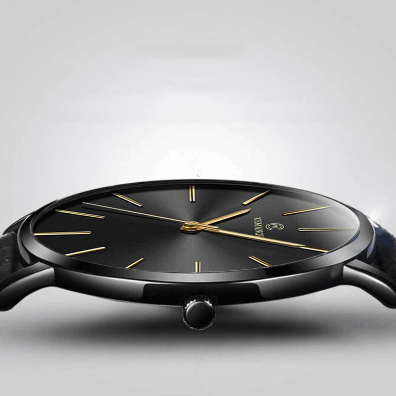 Whisper-Thin Elegance Watch with black leather strap and minimalist stainless steel dial.